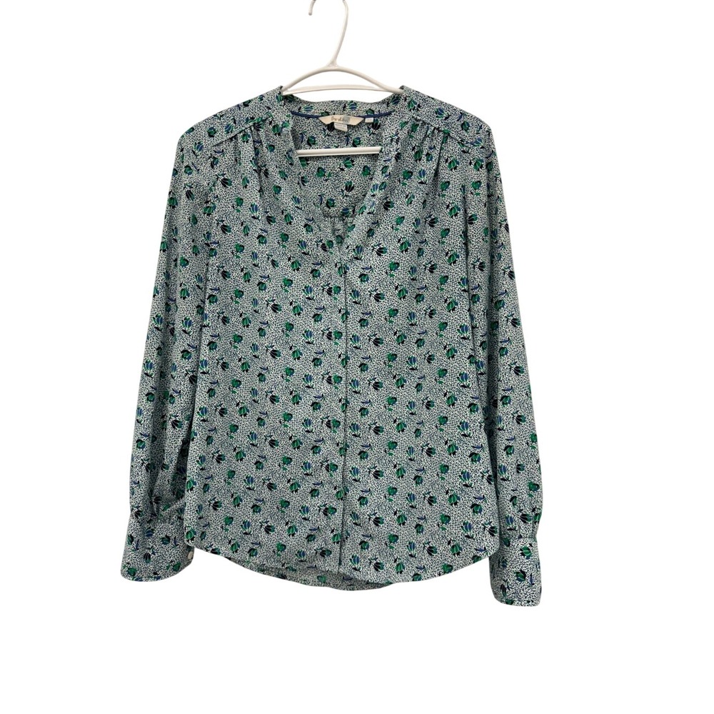 Boden Floral Blouse UK 10 US 6 Green Blue Print Long Sleeve Button Front